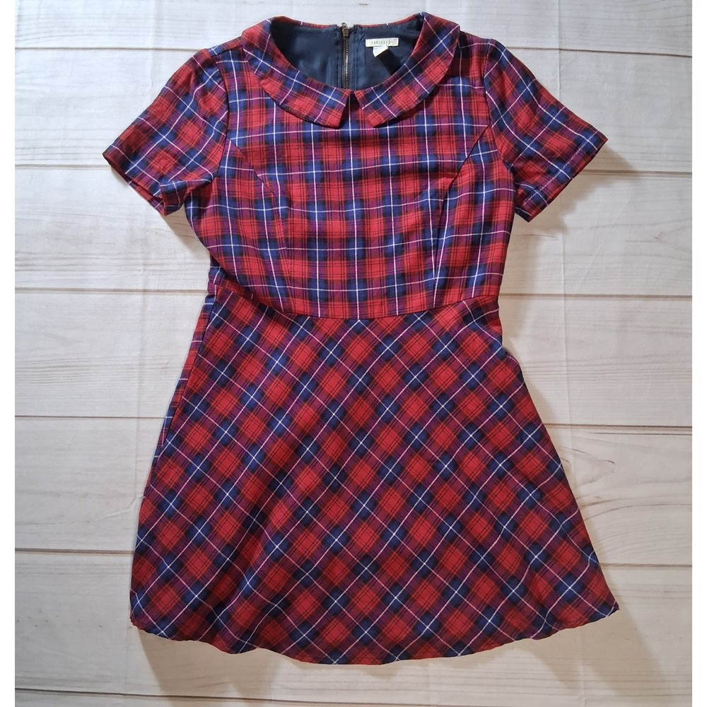 Forever 21 Red Plaid Tartan Skater Dress Womens Size L Peter Pan Collar Zip